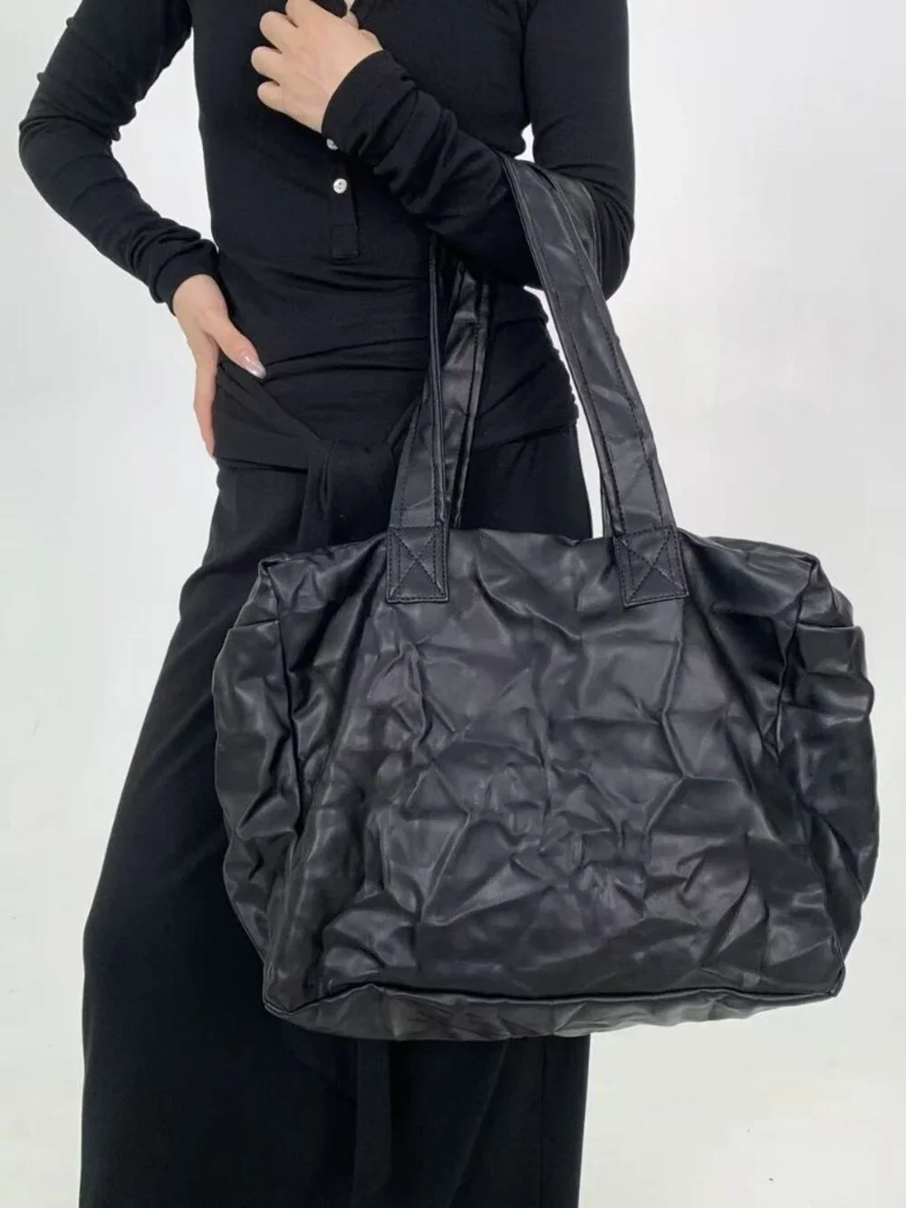 Black Crinkled Faux Leather Oversized Slouchy Tote Bag Travel